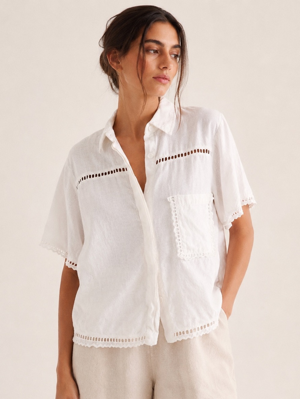 Calligraphie Linen Blend Eyelet Button Front Shirt